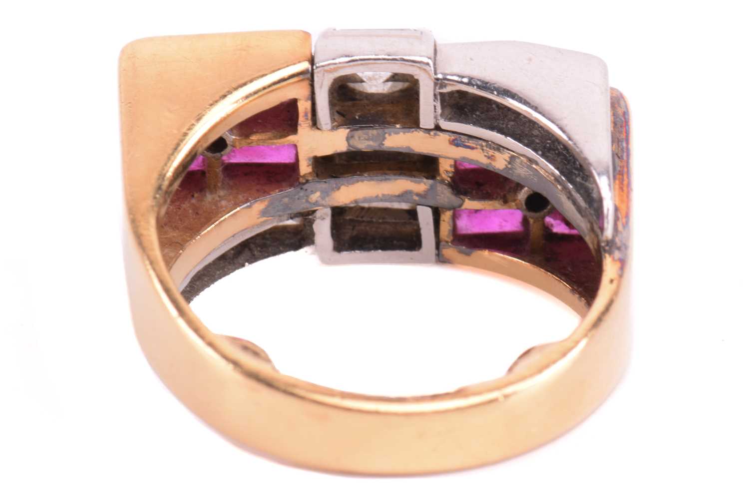 A late Art Deco ruby and diamond dress ring, circa 1940s, of odeonesque design, set with calibre - Image 5 of 5