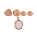 Four 9ct yellow gold dress studs and an opal pendant; the four dress studs in different sizes and