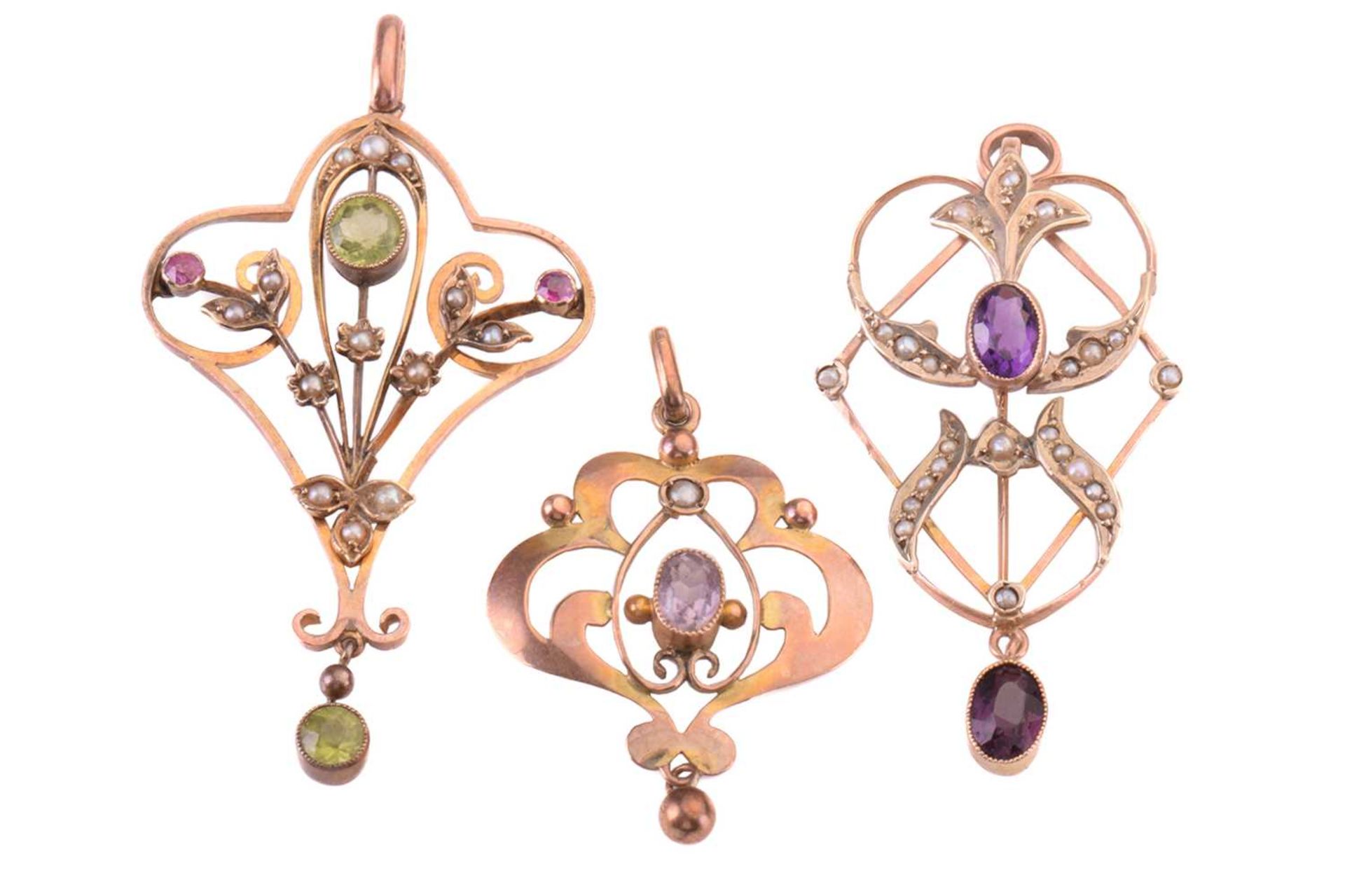 Three Edwardian cartouche shape pendants, gem set, and a pair of similar-style peridot and pearl set