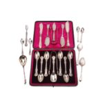 A late Victorian cased set of silver teaspoons with sugar tongs and sugar shovel, London 1897