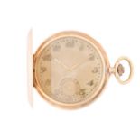 A full hunter pocket watch in 14ct gold, featuring a keyless wound movement in a yellow metal case