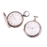 Two silver pocket watches featuring a silver W R Perkins London full hunter pocket watch,