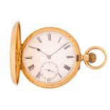 A full hunter 18ct gold pocket watch, featuring a keyless wound movement in an 18ct yellow gold case