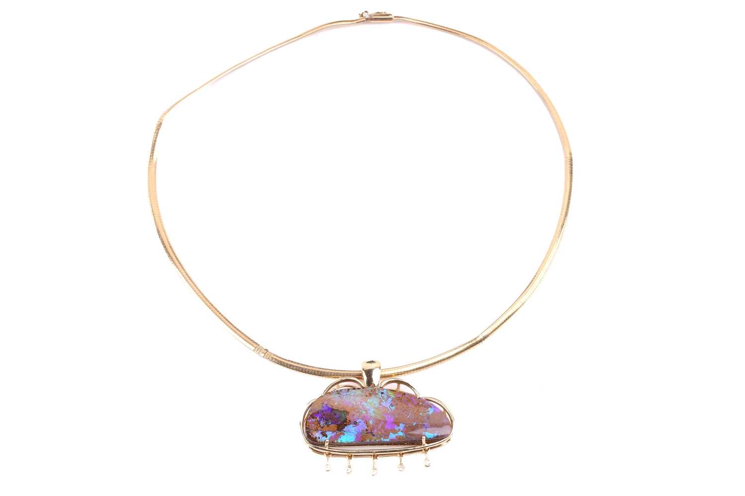 An opal and diamond pendant necklace, the pendant is designed as a cloud set with a boulder opal