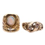 An opal and diamond ring in an organic abstract design, the shank with English hallmarks for 18ct