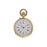 An 18ct yellow gold open face ladies fob watch, the white enamel dial with black and blue