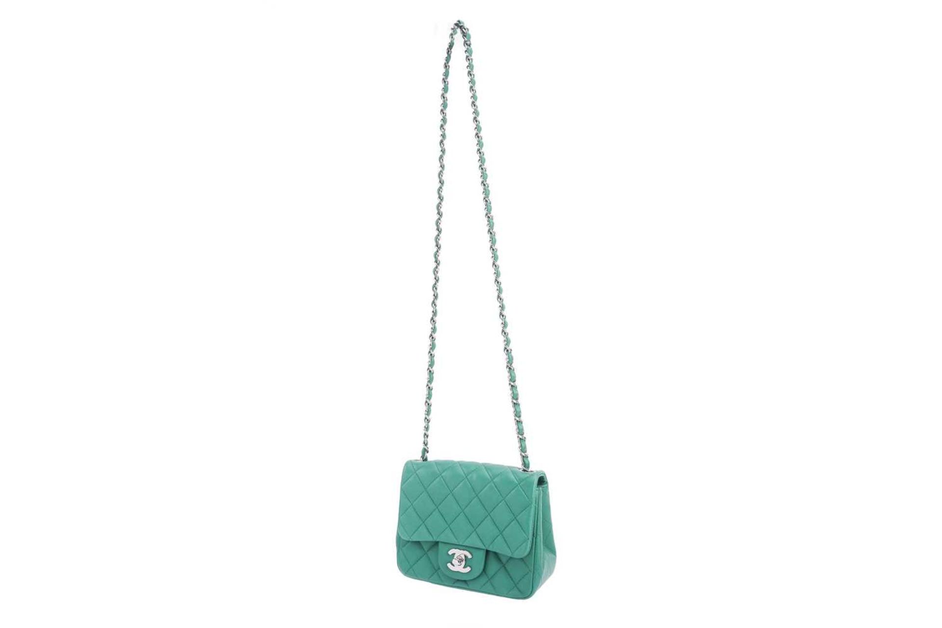 Chanel - a mini flap bag in green diamond-quilted lambskin leather, circa 2016, square body with - Image 3 of 12