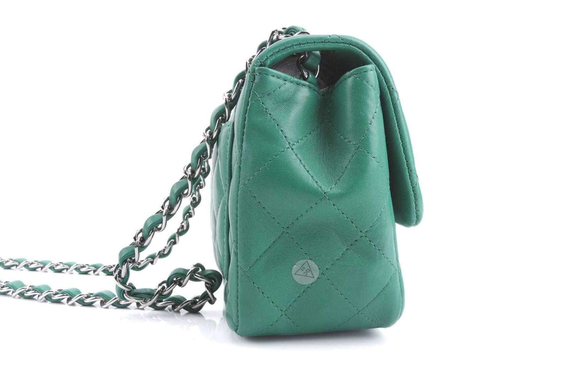 Chanel - a mini flap bag in green diamond-quilted lambskin leather, circa 2016, square body with - Image 5 of 12