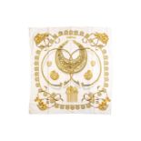 Hermès - 'Les Cavaliers d' Or (The Golden Horsemen)' silk square scarf in cream, illustrated with