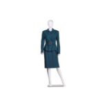 Bruce Oldfield - a teal green two-piece suit comprising a cap sleeves knee-length dress, and a