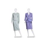 Two sets of two-piece suits; the lilac Bruce Oldfield suit comprises a square neck tube dress, a