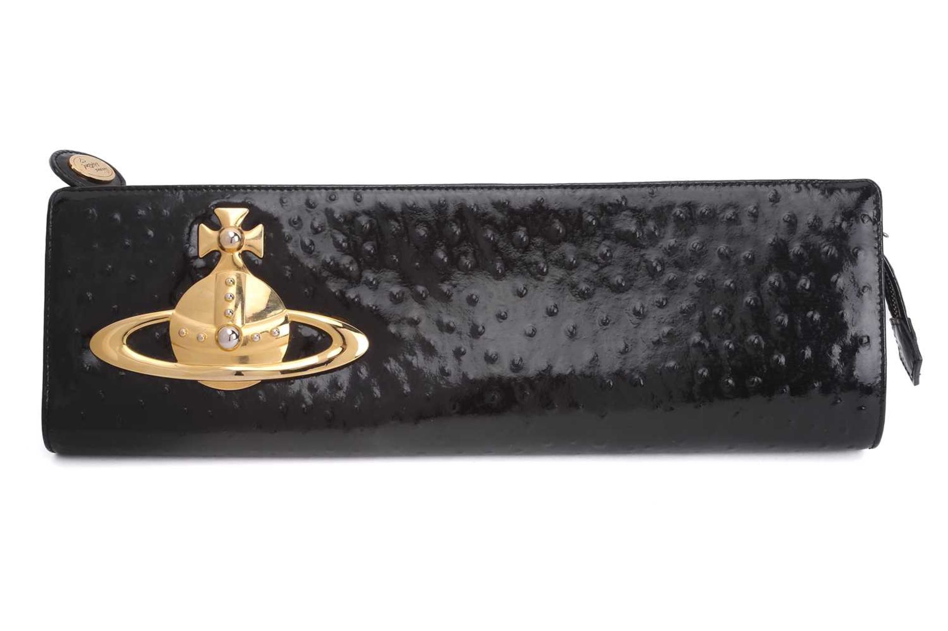 Vivienne Westwood - an extra long clutch in black patent mock ostrich leather, embellished with