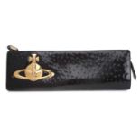 Vivienne Westwood - an extra long clutch in black patent mock ostrich leather, embellished with
