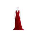 Bruce Oldfield - a red velvet full-length dress with rosette and ruching details, V-neck and a sweep