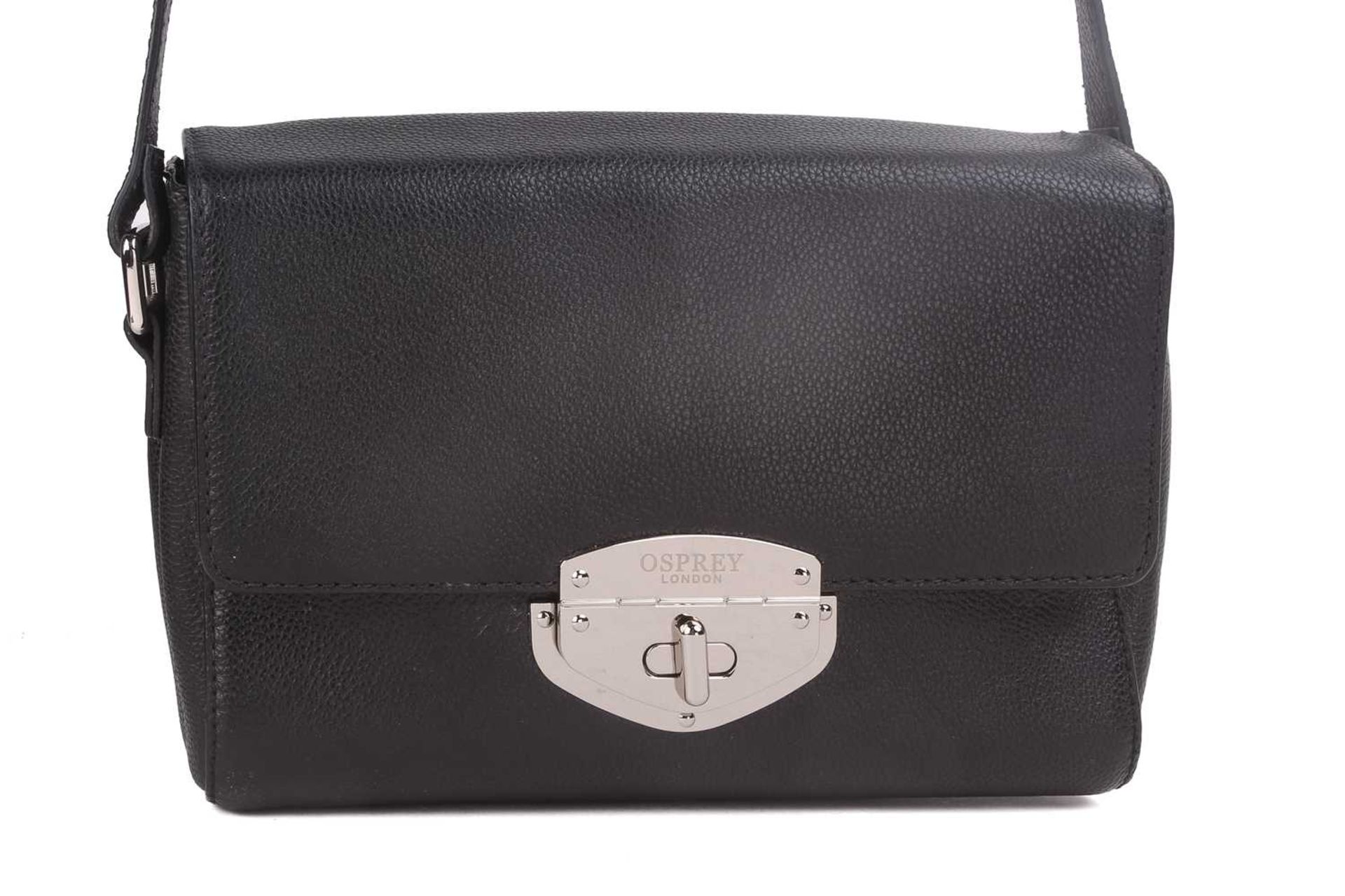 Two Osprey crossbody bags in black leather; one with top zip closure, adjustable crossbody strap, - Image 5 of 12