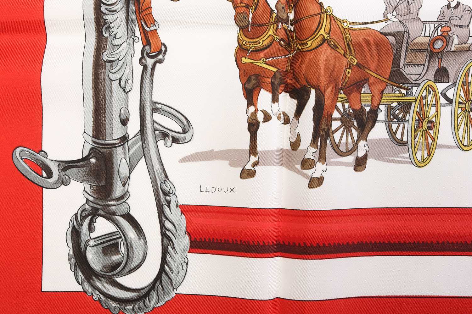 Hermès - 'Équipages (The Crew)' silk square scarf in red, of equestrian theme, designed by Phillippe - Image 6 of 7