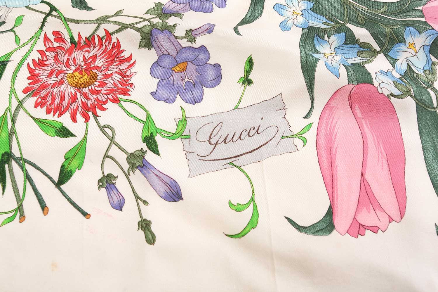 Gucci - 'Flora' silk square scarf, illustrated with botanical and insects on a cream ground, - Image 4 of 7