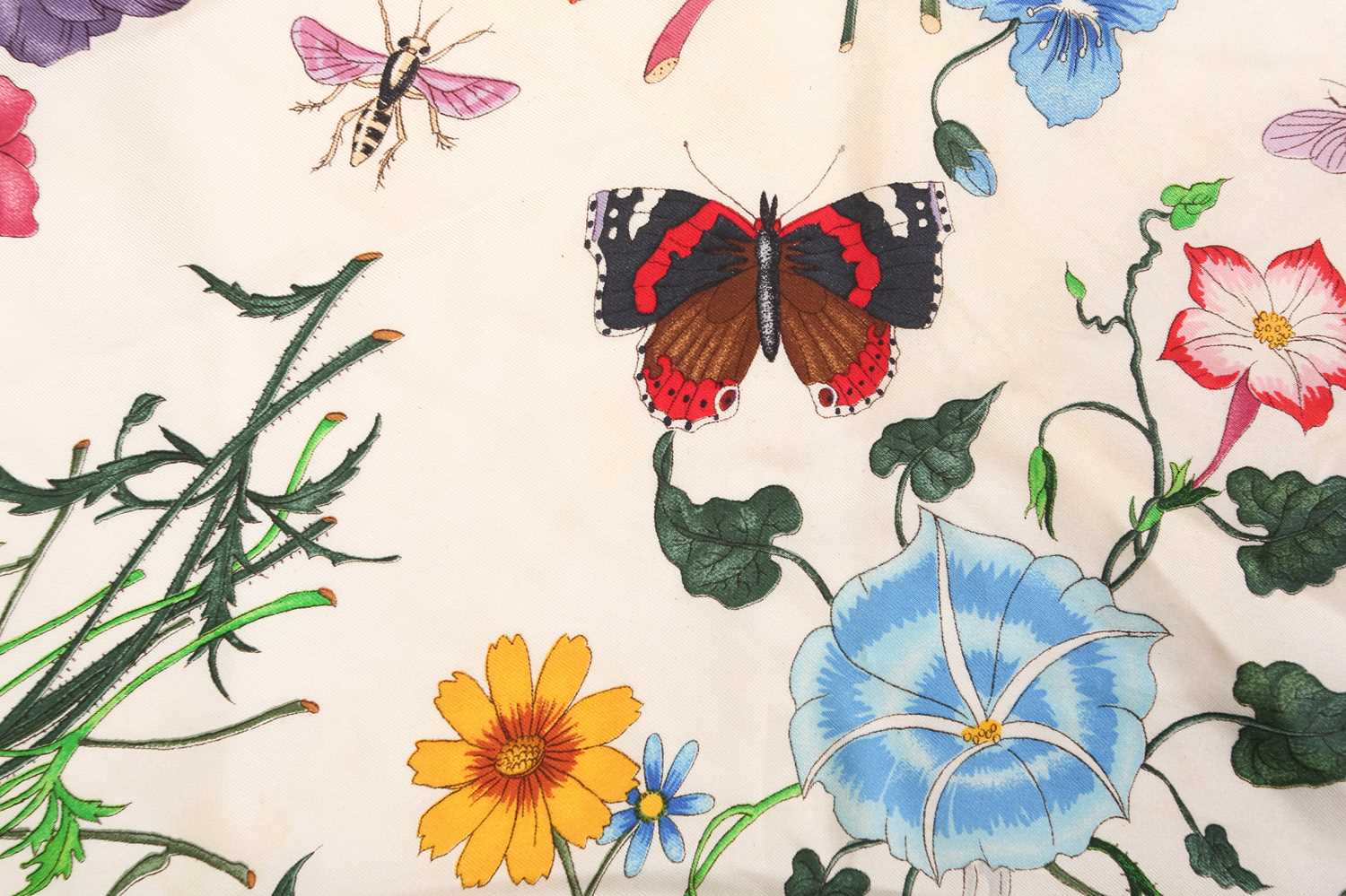 Gucci - 'Flora' silk square scarf, illustrated with botanical and insects on a cream ground, - Image 7 of 7