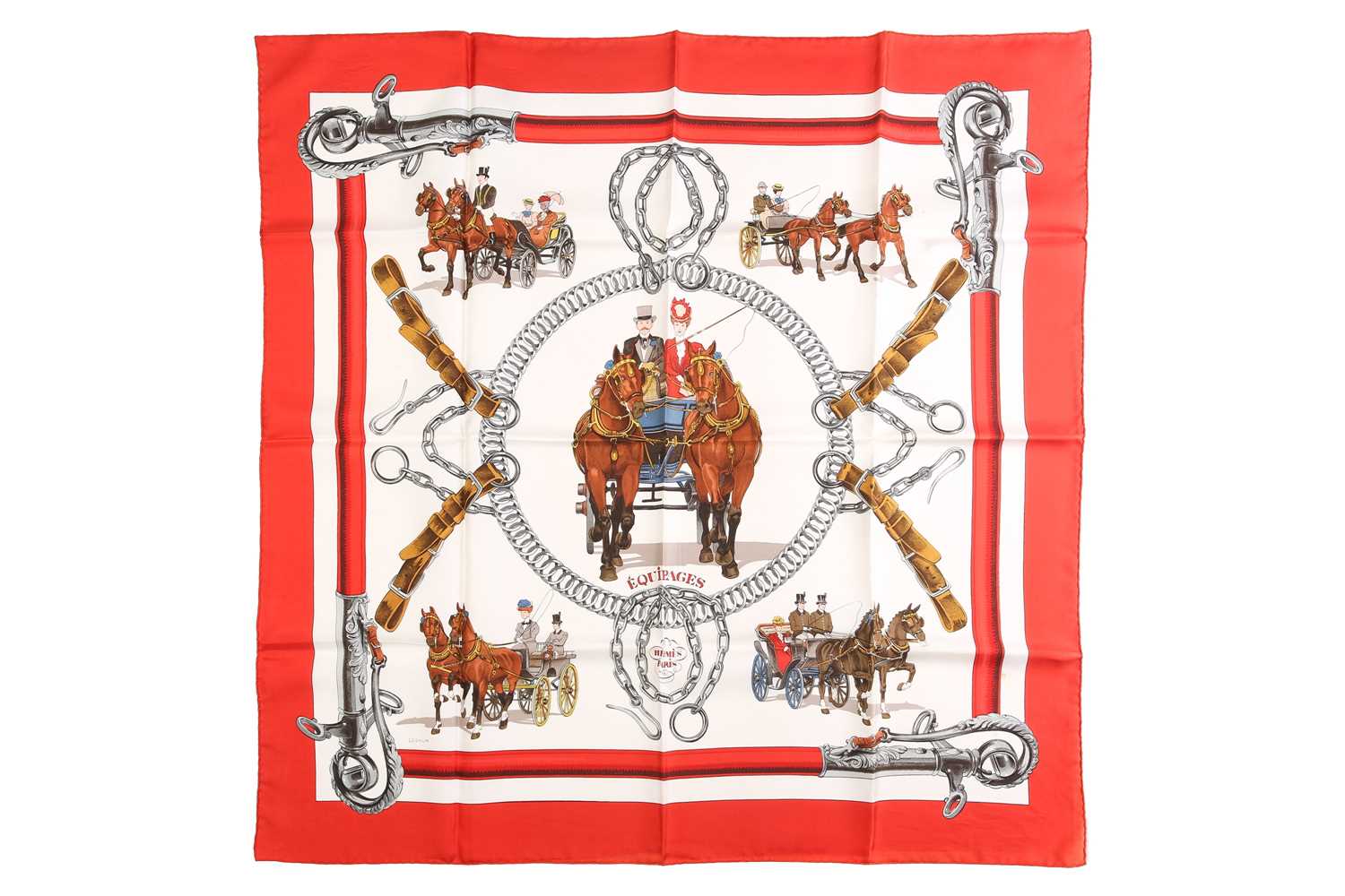 Hermès - 'Équipages (The Crew)' silk square scarf in red, of equestrian theme, designed by Phillippe