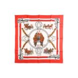 Hermès - 'Équipages (The Crew)' silk square scarf in red, of equestrian theme, designed by Phillippe