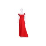 Valentino; a red chiffon full length evening gown, with two ruched straps and upper bodice, V back