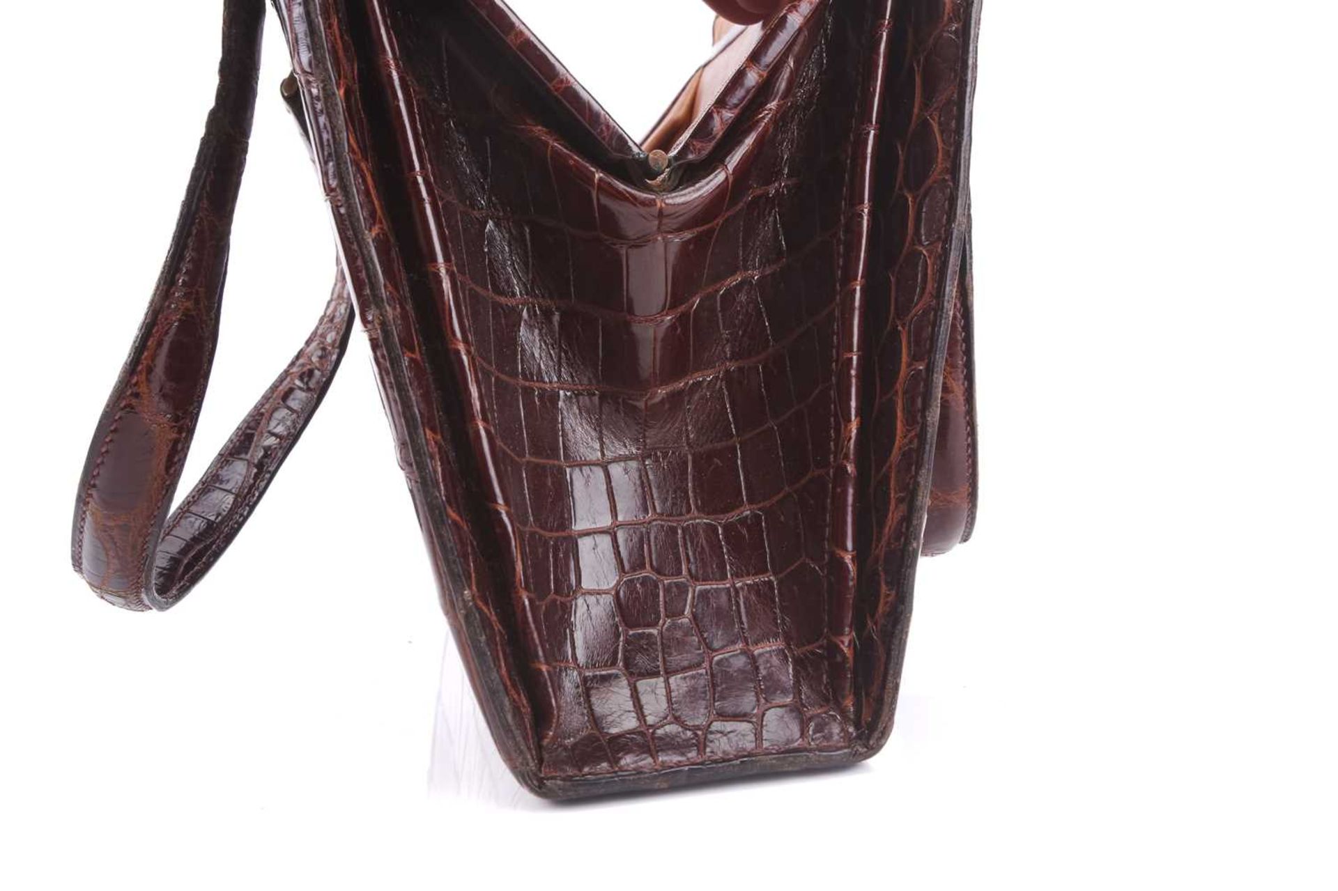 Hermès - a 'Pullman' handbag in brown crocodile skin, circa late 1930, a leather-lined structured - Image 5 of 12