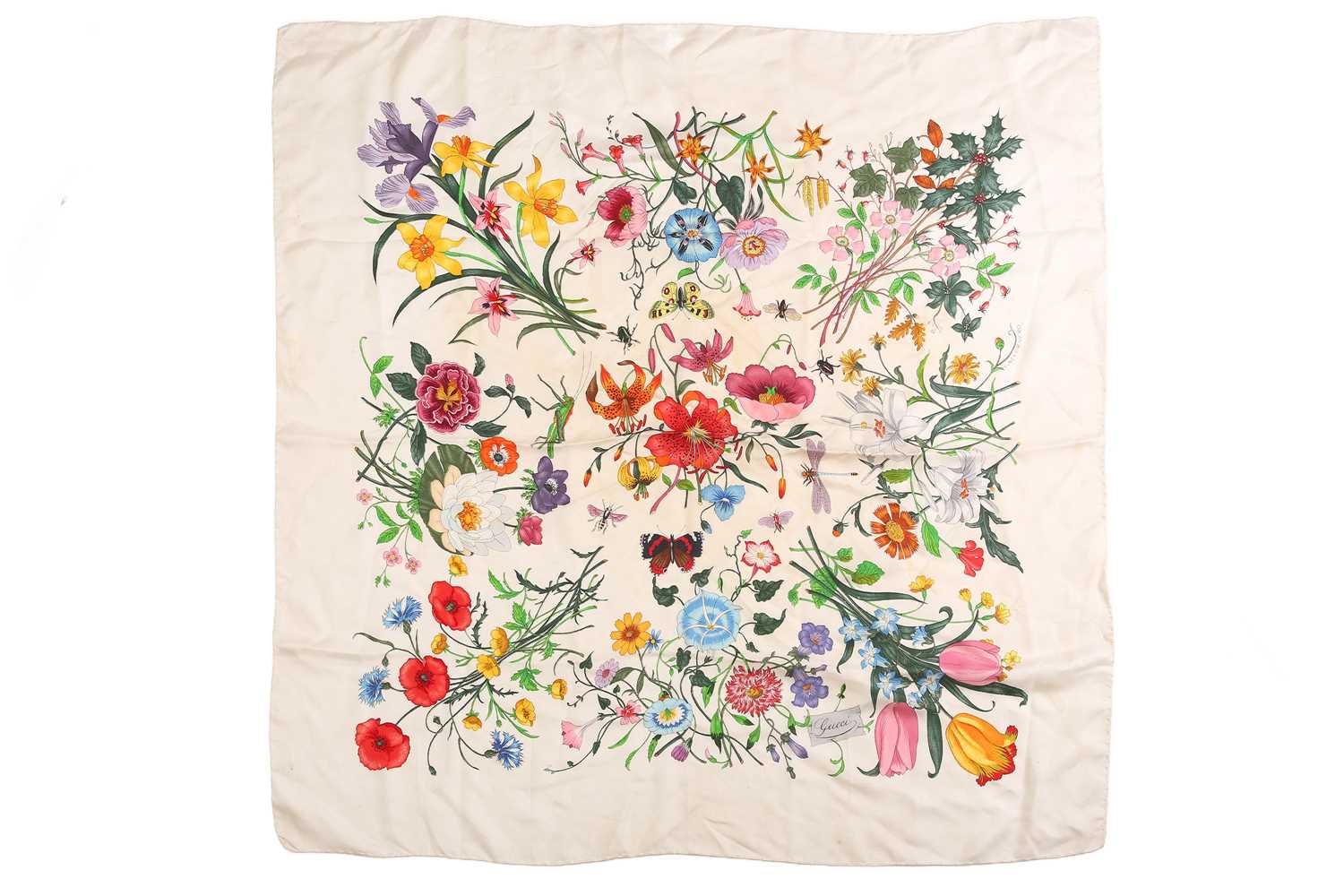 Gucci - 'Flora' silk square scarf, illustrated with botanical and insects on a cream ground,