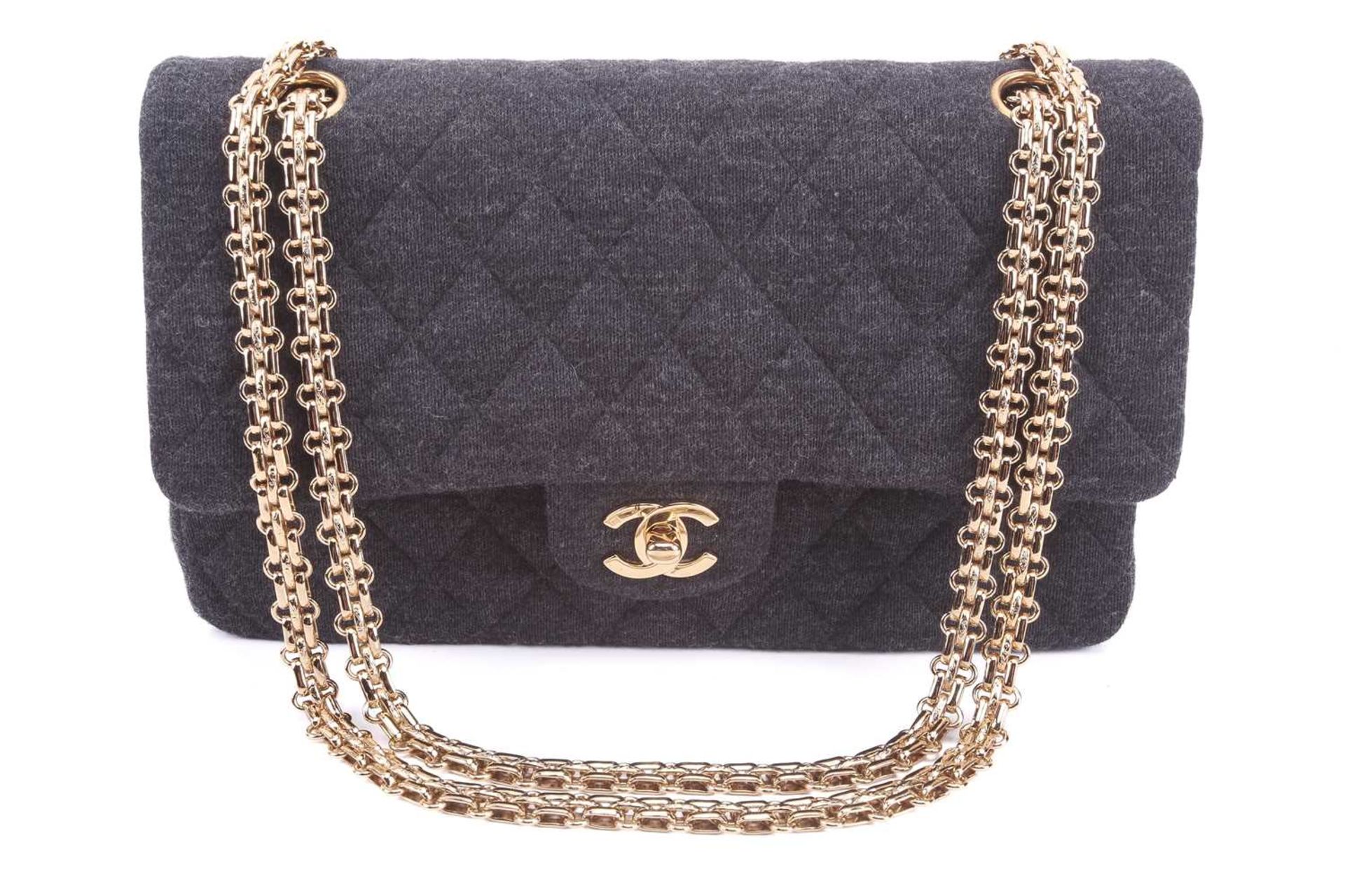 Chanel - a classic double flap bag in charcoal grey jersey fabric, circa 2002, rectangular body with - Image 2 of 14