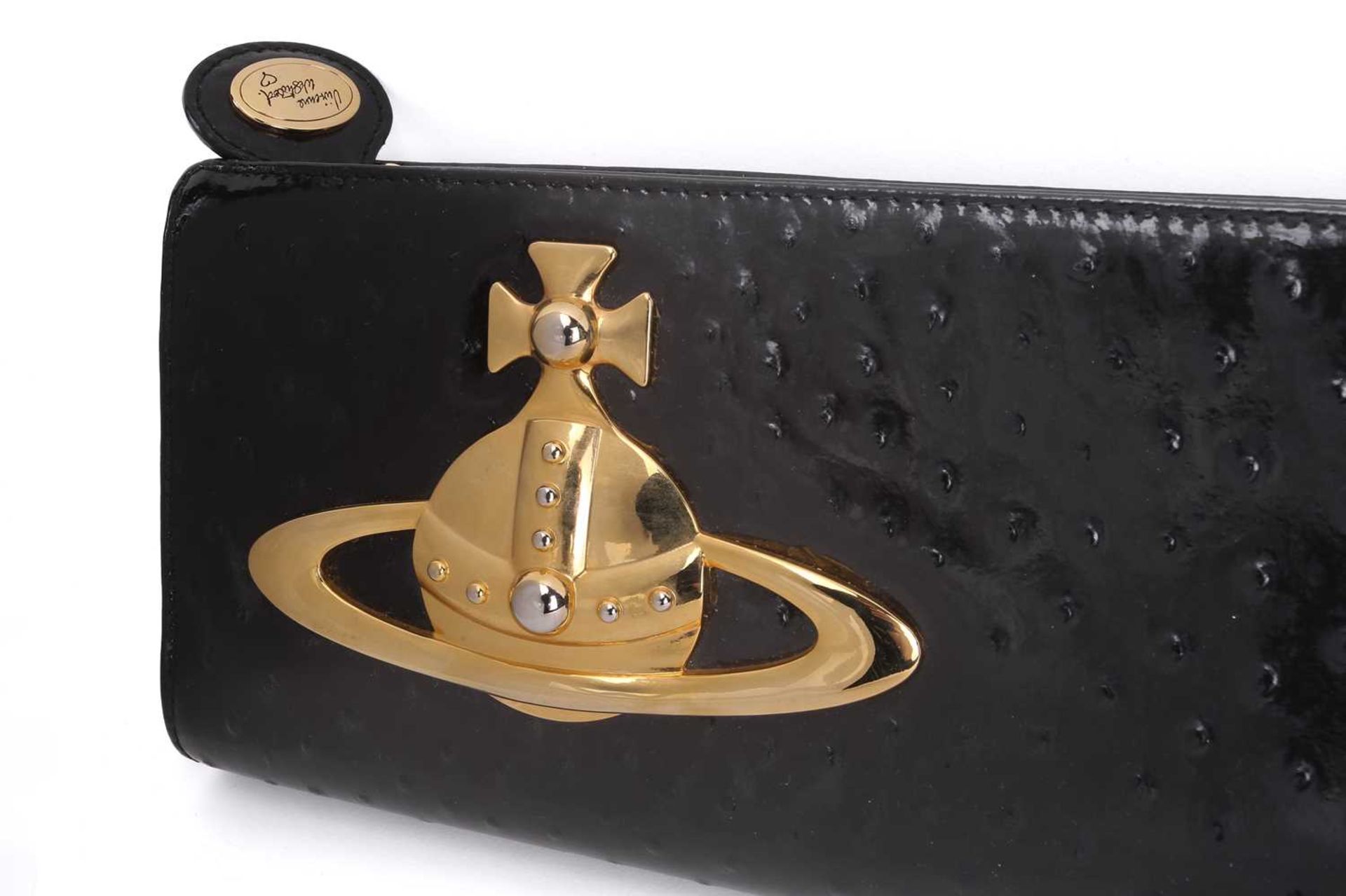 Vivienne Westwood - an extra long clutch in black patent mock ostrich leather, embellished with - Image 3 of 7