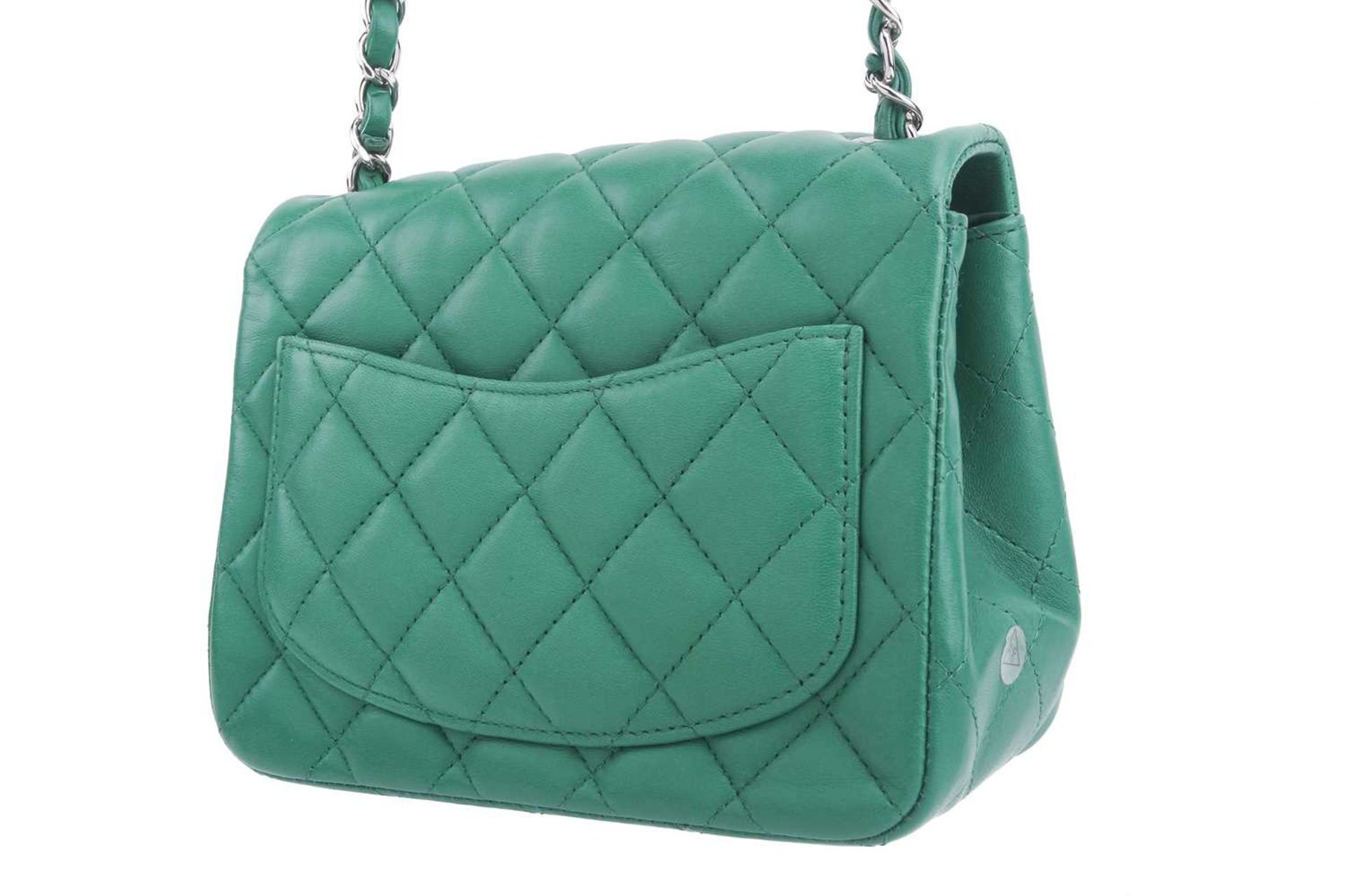 Chanel - a mini flap bag in green diamond-quilted lambskin leather, circa 2016, square body with - Image 4 of 12