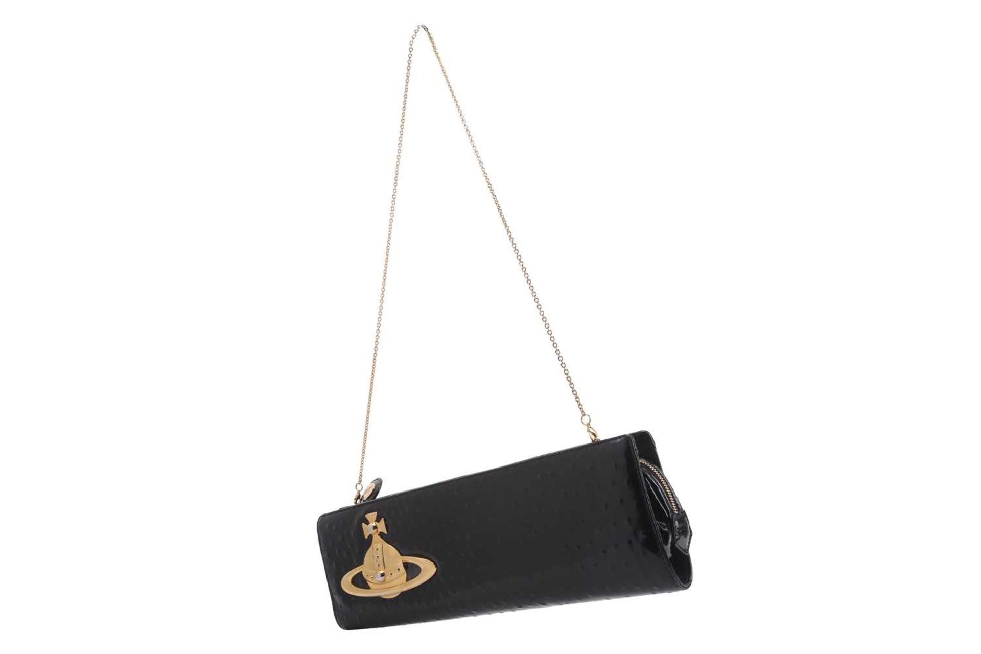 Vivienne Westwood - an extra long clutch in black patent mock ostrich leather, embellished with - Image 2 of 7