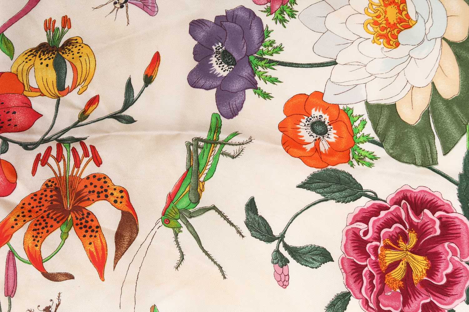 Gucci - 'Flora' silk square scarf, illustrated with botanical and insects on a cream ground, - Image 5 of 7