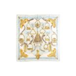 Hermès - 'Étriers (stirrups)' silk square scarf in baby blue and mocha brown, designed by