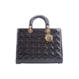 Christian Dior - a large 'Lady Dior' bag in black patent Cannage leather, circa 2012, rectangular