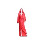 A bright coral-coloured hooded full-length evening gown, V-neck, front split with rosette and