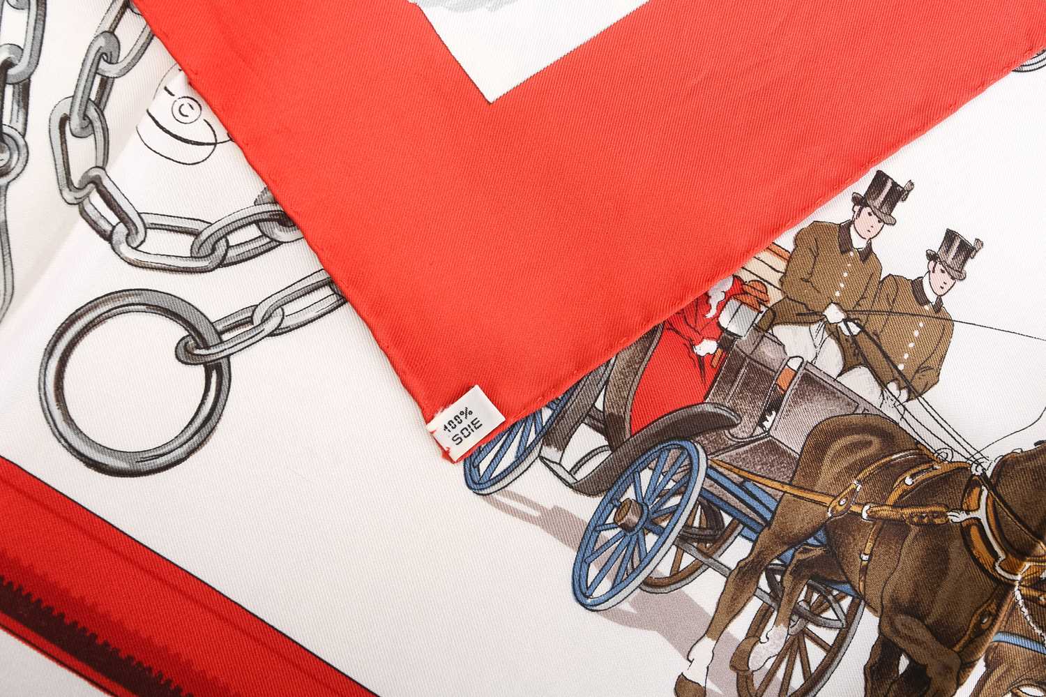Hermès - 'Équipages (The Crew)' silk square scarf in red, of equestrian theme, designed by Phillippe - Image 3 of 7