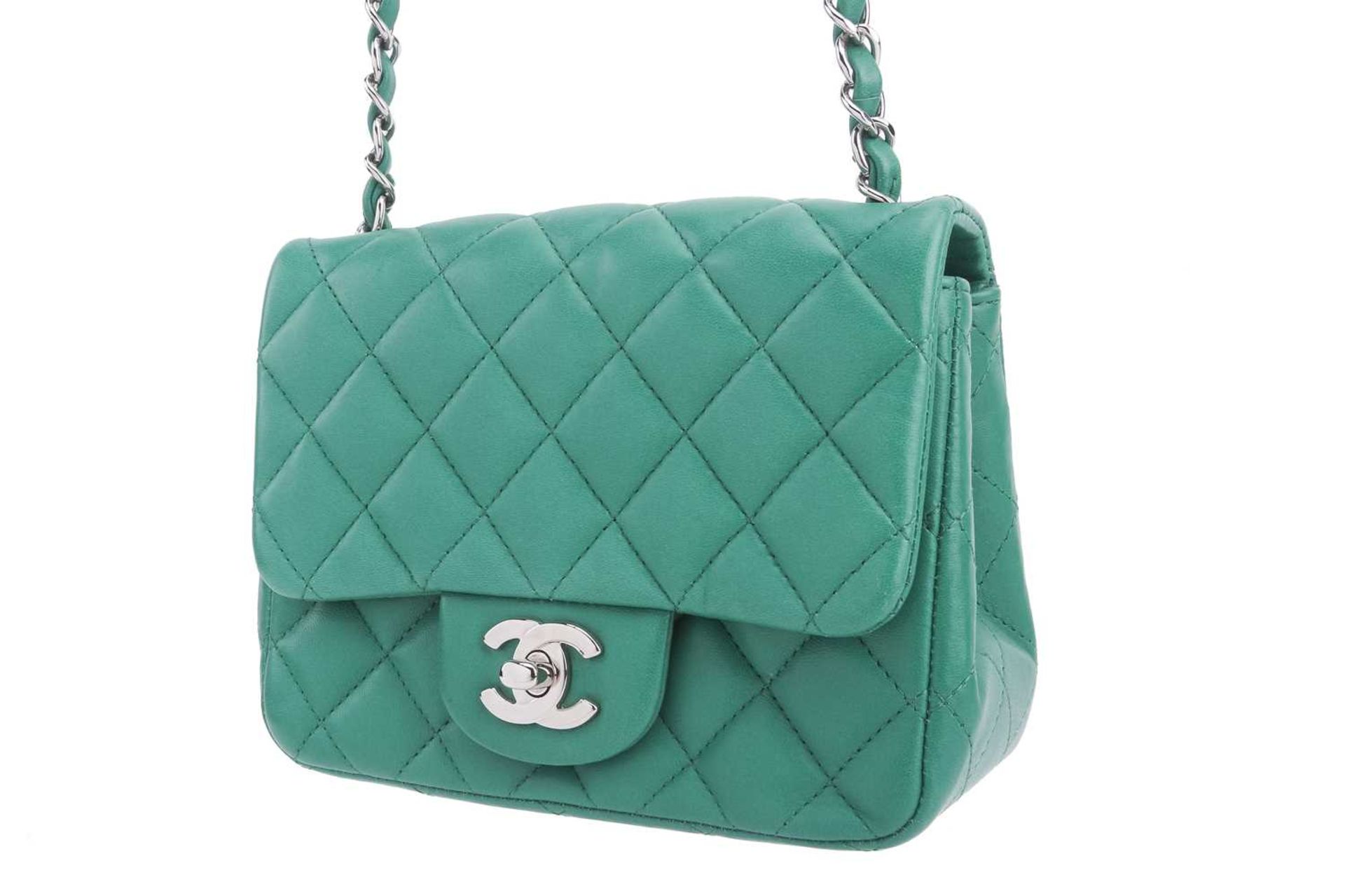 Chanel - a mini flap bag in green diamond-quilted lambskin leather, circa 2016, square body with - Image 12 of 12