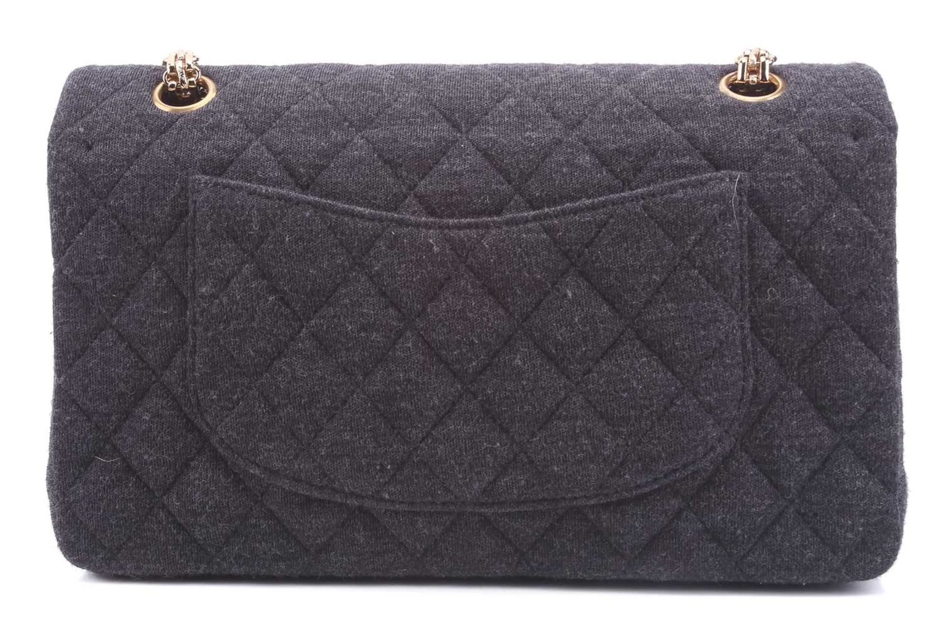 Chanel - a classic double flap bag in charcoal grey jersey fabric, circa 2002, rectangular body with - Image 13 of 14