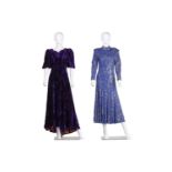 Caroline Charles; a purple crushed velvet full length dress with flared skirt and puff sleeves