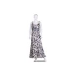 Catherine Walker; full length ladies silk evening dress having floral pattern on white ground,