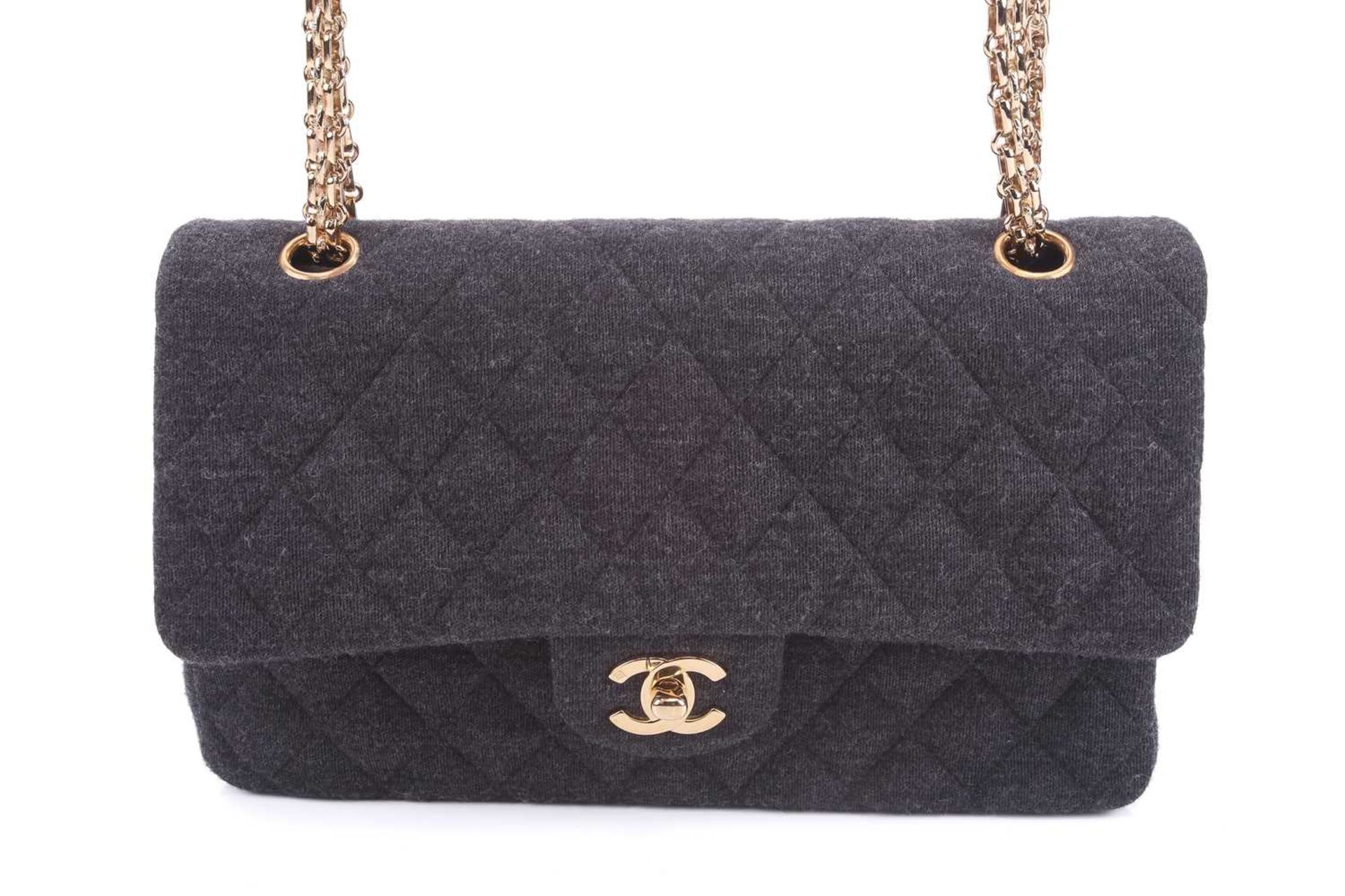 Chanel - a classic double flap bag in charcoal grey jersey fabric, circa 2002, rectangular body with - Image 5 of 14