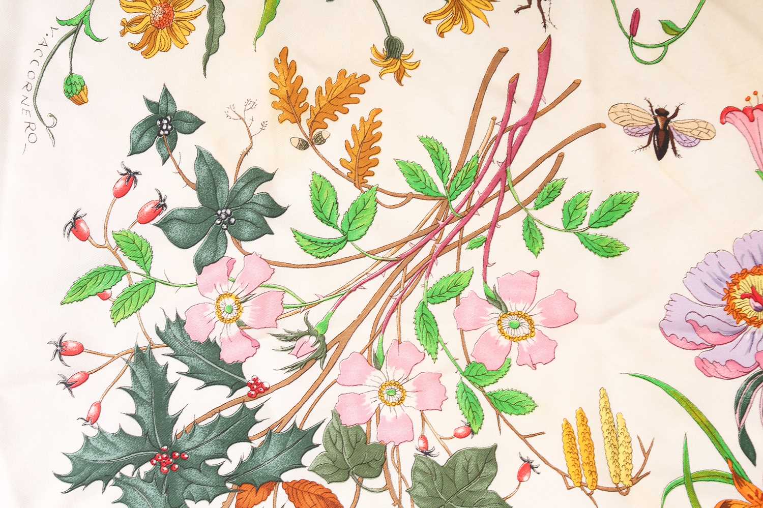 Gucci - 'Flora' silk square scarf, illustrated with botanical and insects on a cream ground, - Image 6 of 7