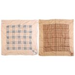 Burberry - two check silk square scarves in beige and camel, featuring the 'Shelter Under The