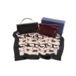 Two Mappin & Webb flap bags and a Liberty silk scarf; including a flap shoulder bag in burgundy