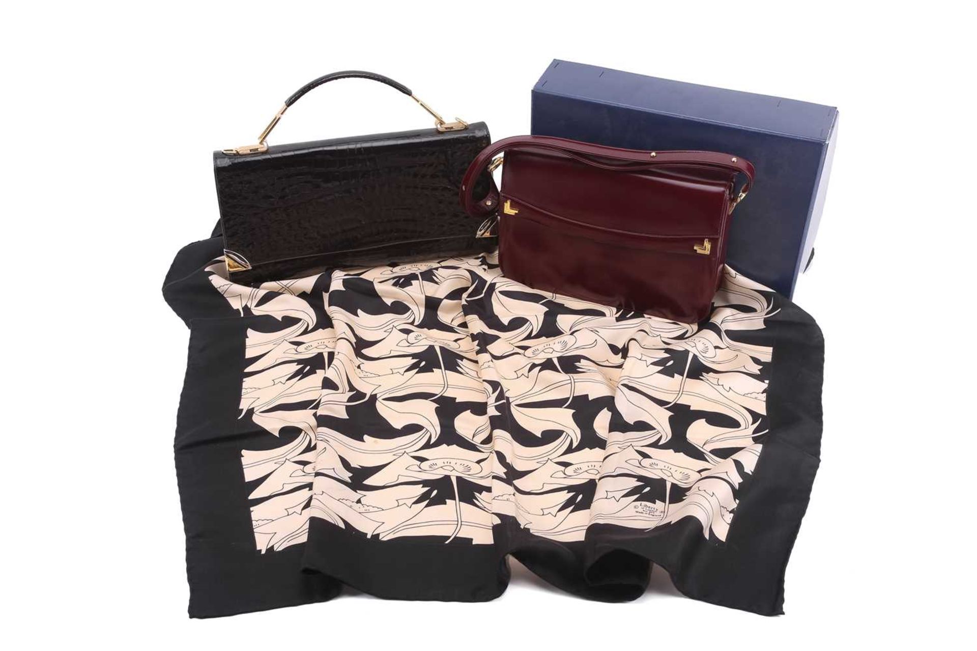 Two Mappin & Webb flap bags and a Liberty silk scarf; including a flap shoulder bag in burgundy