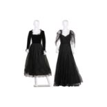 Two black lace evening dresses; one with velvet string straps and net arm details, the tripple skirt