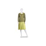 Bruce Oldfield; a couture linen mix dress with roll neck and bowed waistline, pleated skirt,