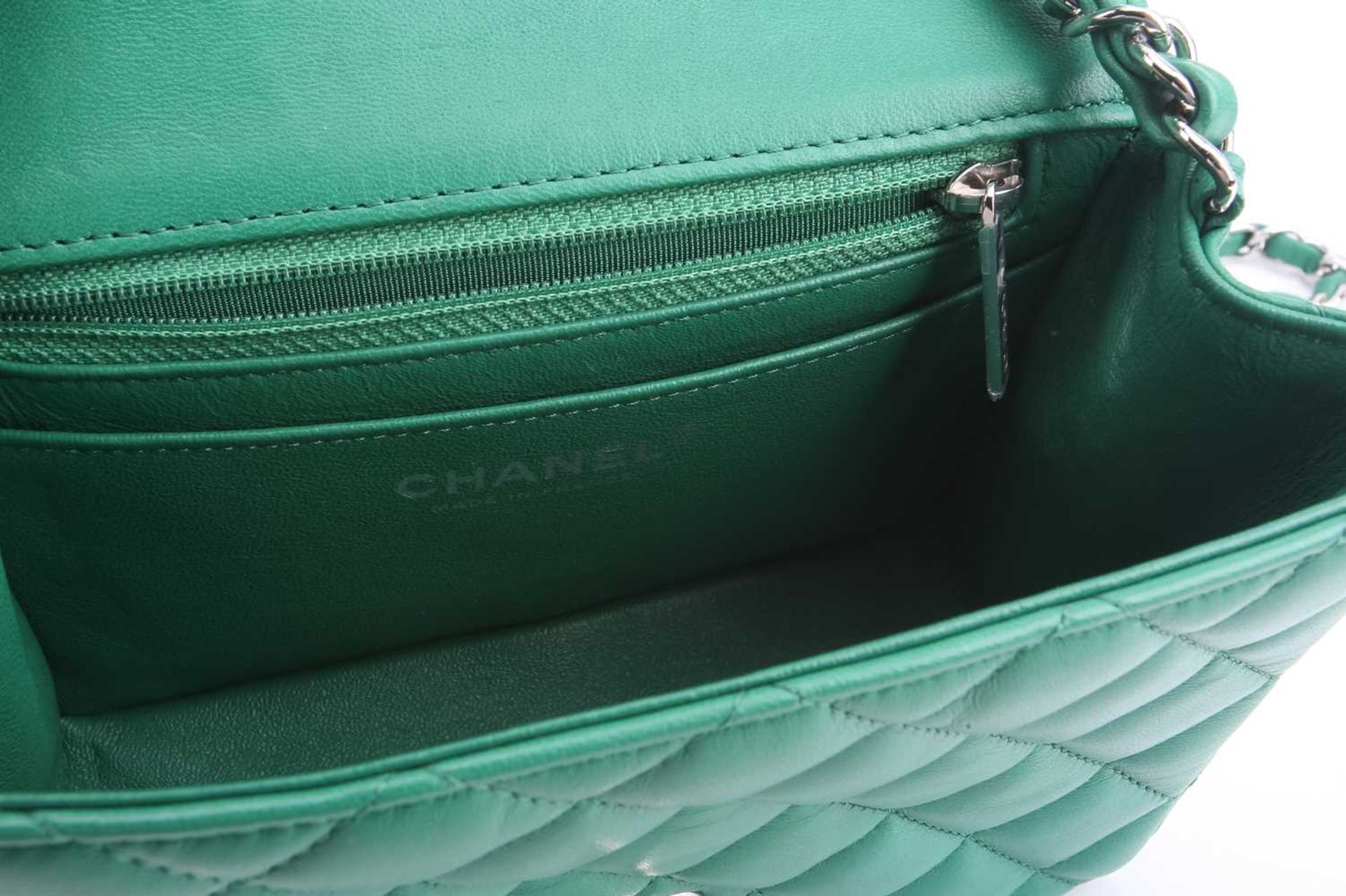 Chanel - a mini flap bag in green diamond-quilted lambskin leather, circa 2016, square body with - Image 6 of 12