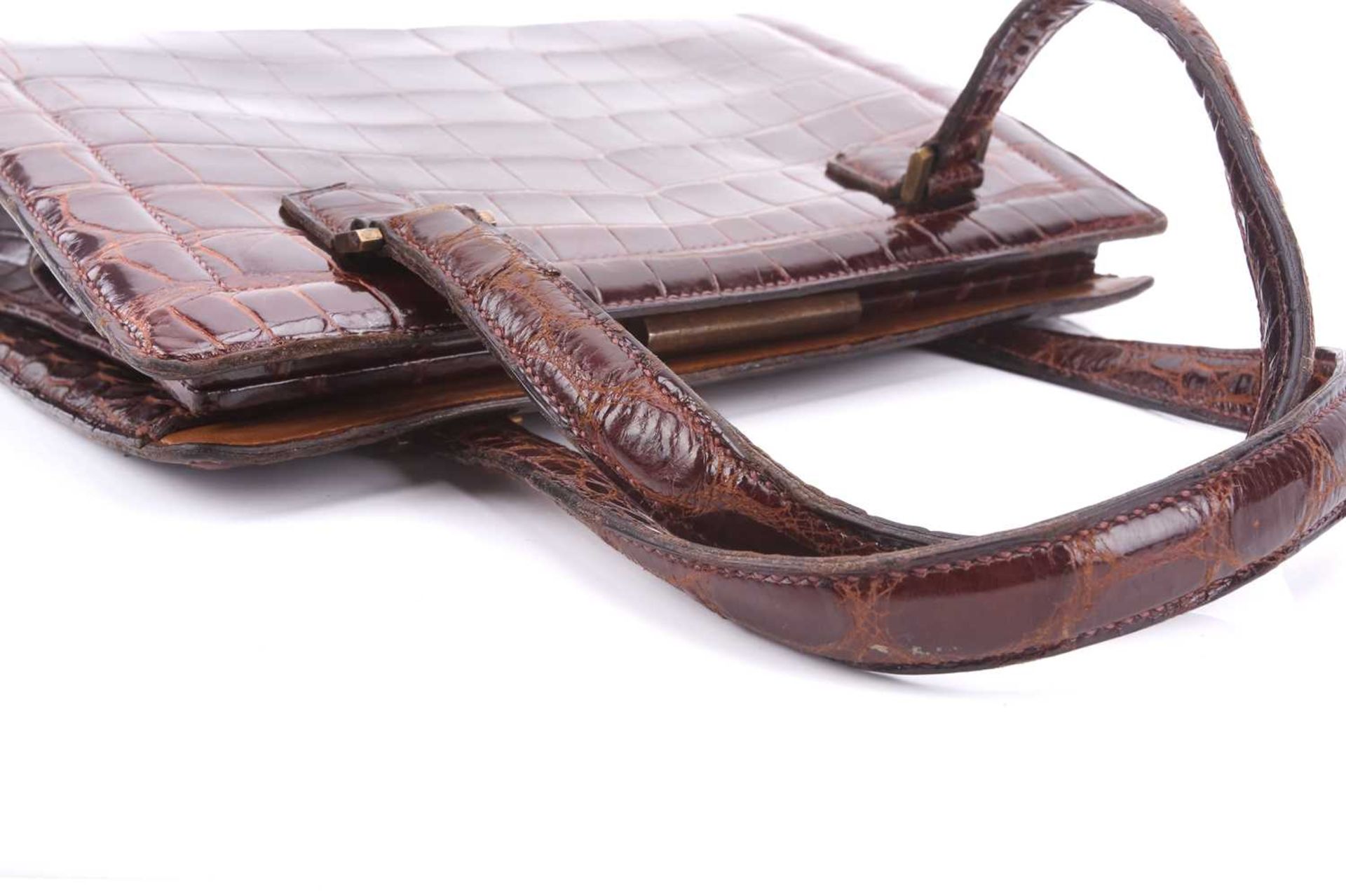 Hermès - a 'Pullman' handbag in brown crocodile skin, circa late 1930, a leather-lined structured - Image 10 of 12