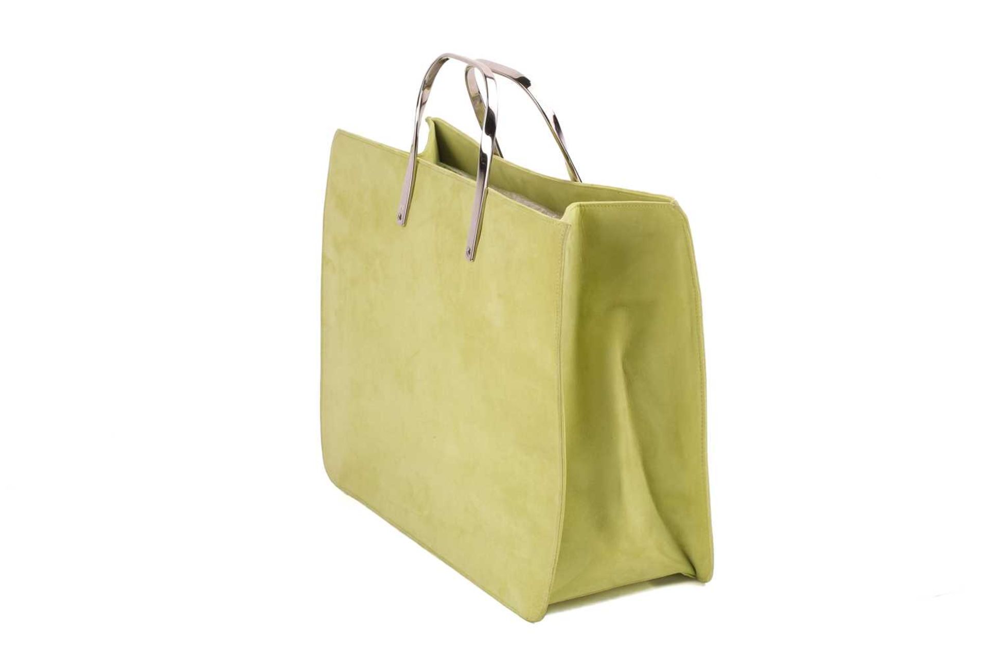 A Ralph Lauren lime green suede tote bag, rectangular body with silver-tone metal top handles. - Image 2 of 8